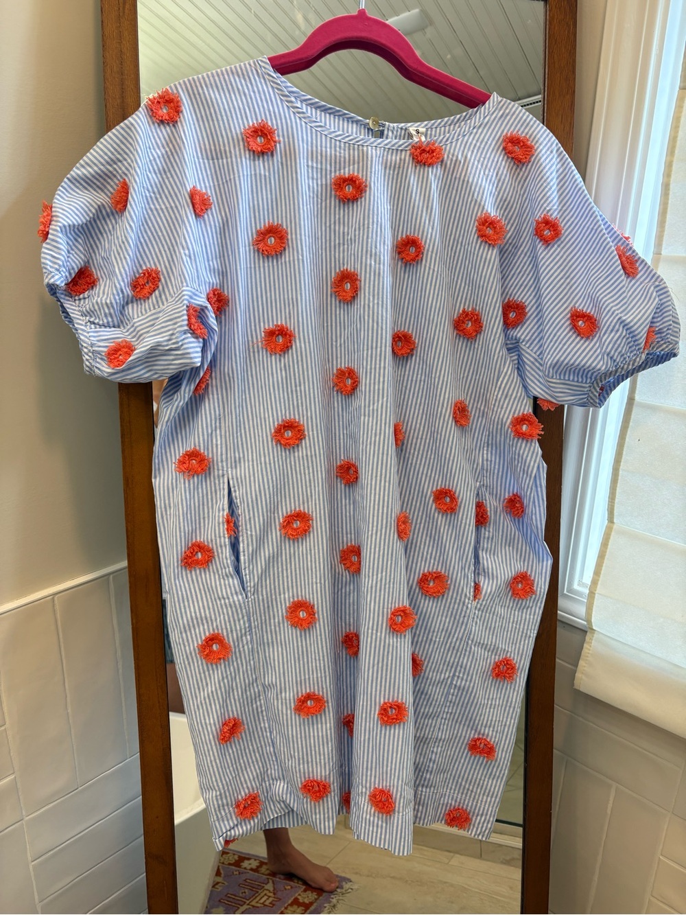 Uncle Frank Blue & White Striped Shift Caftan Dress with Orange Floral Appliqués